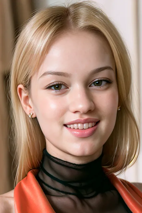 portrait photo of a blonde haired woman  BrigitteLahaie wearing turtleneck, sfw, (masterpiece, best quality:1.2), conservative cloth, smiling, oversized clothes