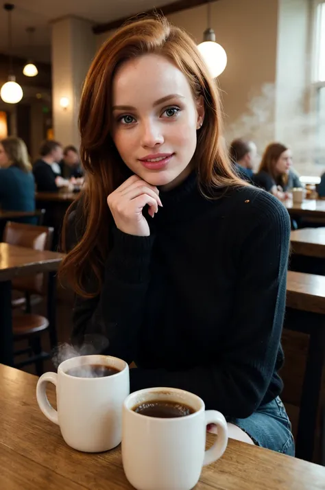 tv_Olya_Abramovich_GMv3, ,  , wearing a cozy knitted sweater, sitting in a café, holding a steaming mug with both hands, happy expression,, 8k resolution, highres, high detail, sharp focus, detailed skin,  8k uhd, bokeh, analog photography