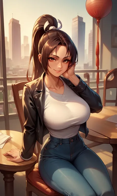 score_9, score_8_up, score_7_up, score_6_up, source_cartoon, BREAK masterpiece PonyShiranui, high ponytail, white shirt, shirt tucked in, jeans, black jacket, long sleeves, smile, sitting, city, chair, table, leaning on face, leather jacket, large breasts,...