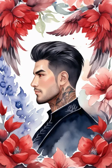 Watercolor painting male, black short hair, red eyes, tattoo neck, muscle, looking at viewer, red feathered wings, watercolor, red flowers background <lora:LUCIXL:0.7>  . Vibrant, beautiful, painterly, detailed, textural, artistic