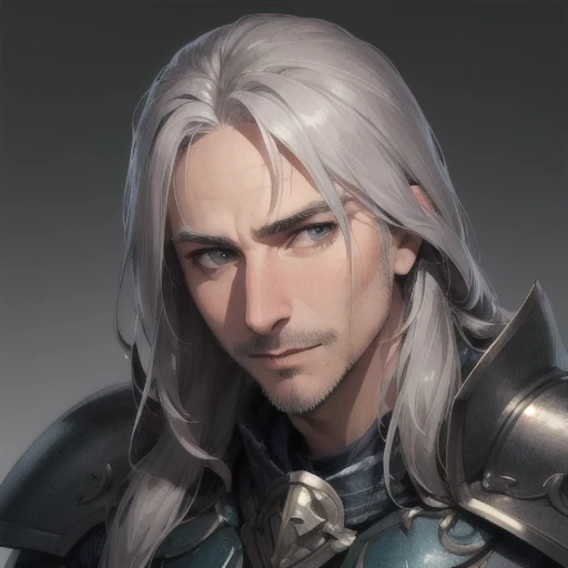 1boy, man, solo,( frpi:1.2), grey hair, long hair, male focus, BREAK,
(blue eyes:0.5), facial hair, looking at viewer, portrait, focus on face, simple background, metal armor, close up,<lora:Franck_Pitiot_-_Perceval_Kaamelott:1>