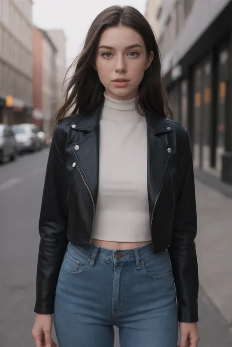 full body photo of a 0ER0_Sarah_Waddles, <lora:epi_noiseoffset2:0.8>, bokeh, (cropped moto jacket with a ribbed turtleneck and high-waisted jeans, she achieves edgy-cool vibes with a touch of attitude:1.2), RAW photo, 8k UHD, soft lighting, high quality, f...