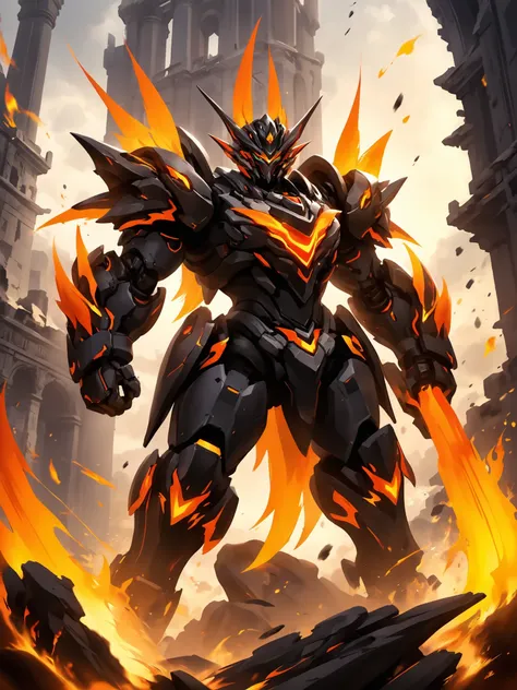 A black mech stands on the battlefield with the flames and ruins of an explosion behind it,League of Legends Splash Art,<lora:p4-nijimecha-000010:0.7>,nijimecha,