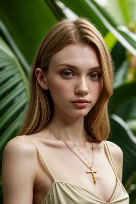 European woman, closeup, (shirt), pants, (tropical jungle), cross necklace , ZM_sloane, wide shoulders, perfect face, (contact iris: 1.1), pale skin, skin pores , depth of field