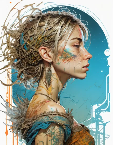 medieval caricature from the side by carne griffiths coloring an ukrainian ((alinaxl3)); wearing a colorful summer dress with a viking design; featuring a golden short haircut with juicy lips. shown swimming within a divine bridge with neon lighting.