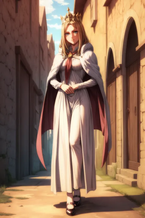 (masterpiece, best quality), <lora:historia reiss-lora-Faxtron:0.8> historia reiss, long hair, medium breasts, white dress, red cape, fur trim, crown, shoes,
<lora:add_detail:0.8>