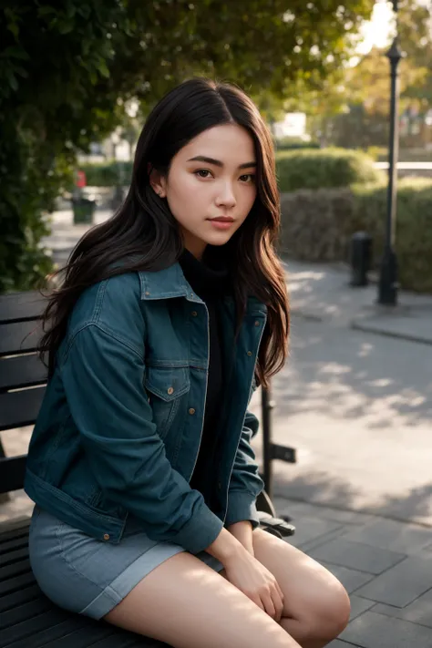 Medium format photorealistic highly detailed 8k photography, (Plain young woman with casual street wear sitting on park bench:1.2), Best street shot quality, Volumetric lighting, Looking sideways with realistic skin and hair texture, (Underwater angles:1.3...