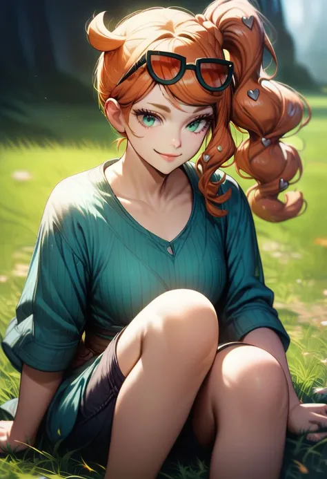 score_9,score_8_up,score_7_up,score_6_up,score_5_up,score_4_up, solo, 1girl, sonia/(pokemon/), smile, sitting, outdoors, grass, in grass, orange hair, aqua eyes, ponytail, side ponytail, aqua shirt, sunglasses on head