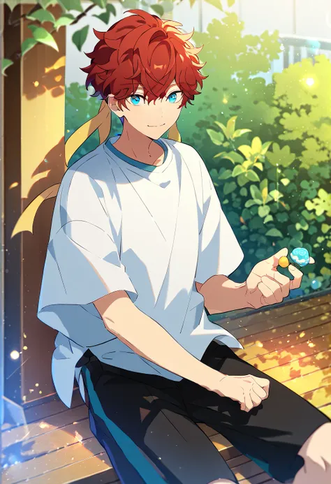 score_9_up, score_8_up, score_7_up, score_6_up, score_9, cute, 1boy, solo, hiiro agami, blue eyes, red hair, yellow headband, white shirt, black shorts. best quality, amazing quality, best aesthetic, absurdres ,source_anime, source_<lora:EMS-359635-EMS:1.0...