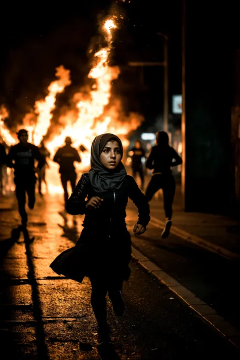 Medium format dark aesthetic photo, (Iranian girl running:1.3), Chaotic street protest, Tense atmosphere, (Flames lighting night sky:1.2), Intense urgency, Silhouettes in turmoil, Cracks of unrest, (Dramatic shadows:1.2), Captured with a Hasselblad 500C/M,...