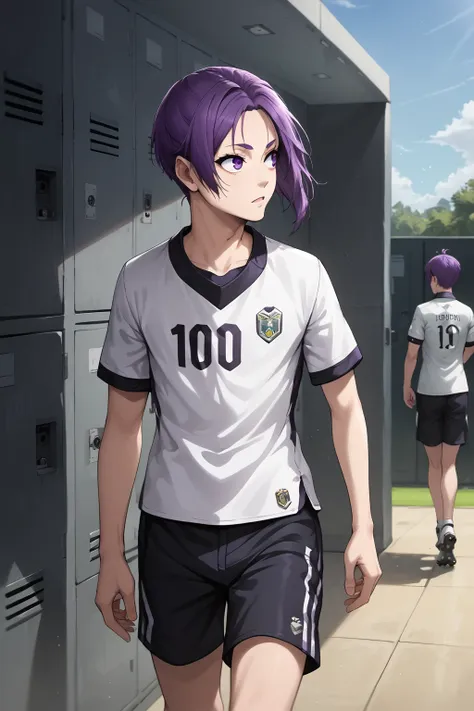 score_9, score_8_up, score_7_up, source_anime, BREAK, 1boy, bishounen, pale skin, (looking to the side, three quarter view:1.4), BREAK, purple hair, purple eyes, (skinny:1.1), soccer uniform, detailed eyelashes, detailed eyes, broad shouldered, BREAK, cowb...