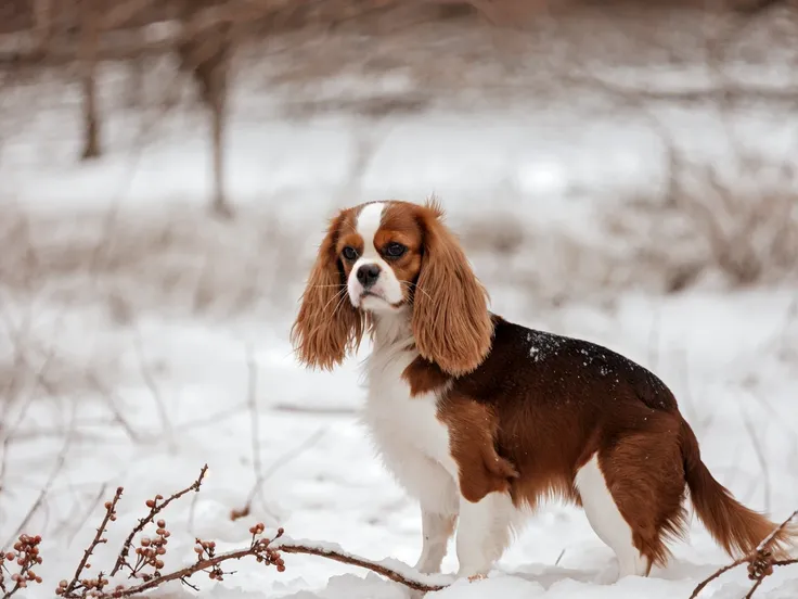 NOBLEDOGS_CKCS <lora:NOBLE_DOGS_CKCS-000015:0.65> <lora:Macro_Trash_SD15:0.125>, cute slim hybrid of (a bird:1.2) and brown-white cavalier king charles spaniel dog with a realistic long coat and perfect dark dog eyes is standing on snow covered ground next...