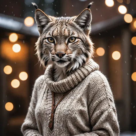 photo of an anthro  lynx female wearing a wool sweater,  high quality photography,  3 point lighting,  flash with softbox,  4k,  Canon EOS R3,  hdr,  smooth,  sharp focus,  high resolution,  award winning photo,  80mm,  f2.8,  bokeh,