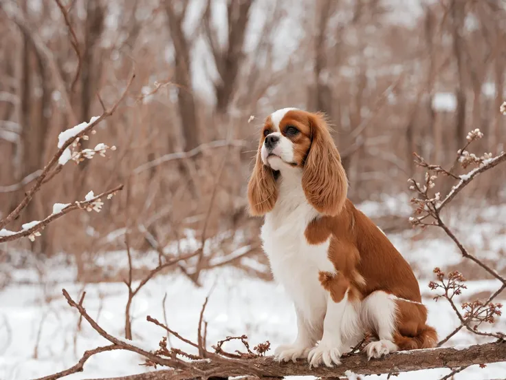 NOBLEDOGS_CKCS <lora:NOBLE_DOGS_CKCS-000015:0.65> <lora:Macro_Trash_SD15:0.125>, cute slim hybrid of (a bird:1.2) and brown-white cavalier king charles spaniel dog with a realistic long coat and perfect dark dog eyes is standing on snow covered ground next...