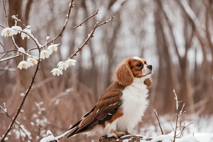 NOBLEDOGS_CKCS <lora:NOBLE_DOGS_CKCS-000015:0.65> <lora:Macro_Trash_SD15:0.125>, cute slim hybrid of (a bird:1.2) and brown-white cavalier king charles spaniel dog with a realistic long coat and perfect dark dog eyes is standing on snow covered ground next...