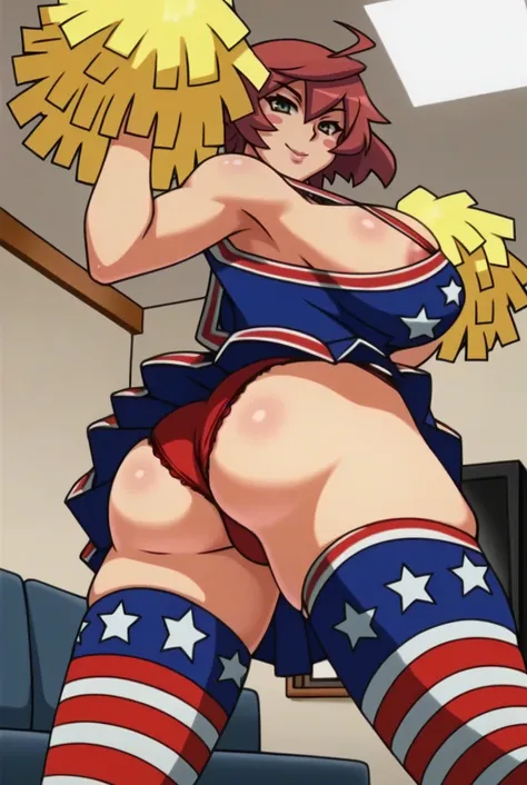 score_9, score_8_up, source_anime  BREAK solo, looking at viewer, anime coloring, cowboy shot, 
<lora:yurinehayasakiPdxlDwnsty:1>,yurine hayasaki, green eyes, red hair, ahoge, blush stickers, cheerleader, pom pom (cheerleading), thighhighs, american flag, ...