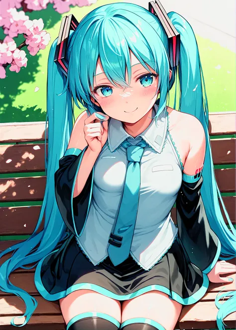 score_9, score_8_up, score_7_up, score_6_up, a girl sitting on a park bench, (hatsune miku:0.8), detached sleeves, thighhighs, black skirt, smile, blush, 
<lora:noise_style_pony6_v1-000016:1>