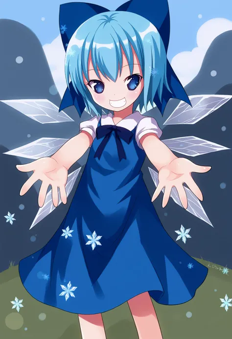 score_9, best quality, masterpiece, uncensored, source_anime
BREAK
cirno, 1girl, solo, looking at viewer, smile, short hair, blue eyes, dress, bow, ribbon, blue hair, short sleeves, hair bow, wings, blue dress, blue bow, outstretched arms, foreshortening, ...