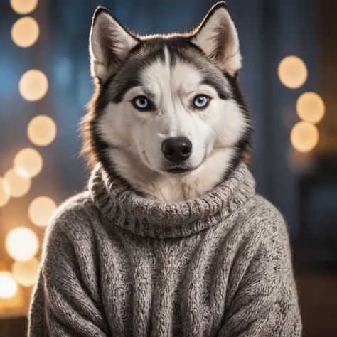 photo of an anthro  husky female wearing a wool sweater,  high quality photography,  3 point lighting,  flash with softbox,  4k,  Canon EOS R3,  hdr,  smooth,  sharp focus,  high resolution,  award winning photo,  80mm,  f2.8,  bokeh,