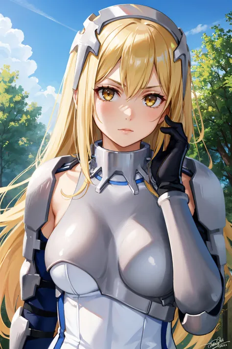 masterpiece, best quality, 1girl, <lora:aiswallenstein-nvwls-v1-000009:0.9> ais wallenstein, hairband, armored dress, gauntlets, black gloves, looking at viewer, upper body, large breasts, serious, closed mouth, forest, blue sky