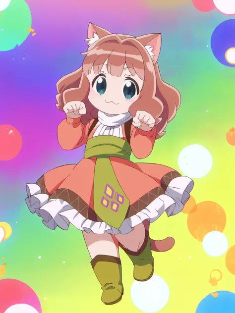 source_anime, score_9, best quality, masterpiece, 1girl, solo, <lora:Nefertima_PonyXLv3:0.9> nefertima-nema, 18 year old, standing, (simple background:1.2), shortstack, chibi, cat ears, cat tail, paw pose, boots, big smile,