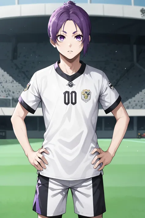 score_9, score_8_up, score_7_up, source_anime, BREAK, 1boy, bishounen, pale skin, (facing to the side, three quarter view:1.4), BREAK, purple hair, purple eyes, (skinny:1.1), soccer uniform, detailed eyelashes, detailed eyes, broad shouldered, BREAK, outdo...