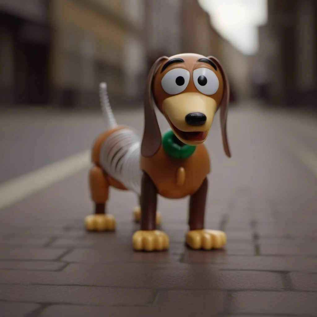 cinematic photo a toy dog with a spring body  walking a in street<lora:SlinkyDog1024:0.8> . 35mm photograph, film, bokeh, professional, 4k, highly detailed