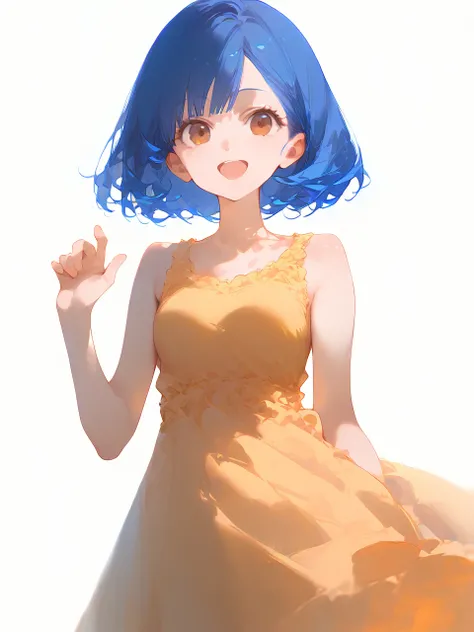 1girl, 
score_9, score_8_up, score_7_up, brown eyes, solo, cowboy shot, hand up, blue hair, :d, simple background, white background, smile, yellow dress, sleeveless dress, collarbone, short hair, dress, looking at viewer, open mouth, sleeveless, standing