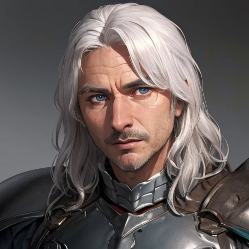 1boy, man, solo,( frpi:1.2), white hair, long hair, male focus, BREAK,
(blue eyes:0.5), facial hair, looking at viewer, portrait,( focus on face:1.1), simple background, surprised, :o, armor, close up,<lora:Franck_Pitiot_-_Perceval_Kaamelott:1>