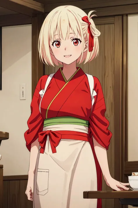 chisato, marin kitagawa, 4k, absurd, high resolution, very high resolution, high definition, masterpiece, standing, short hair, bangs, blonde hair (red eyes: 1.2), hair ribbon, one side up, bob cut, Japanese clothing, kimono, apron, red bow, waitress, red ...