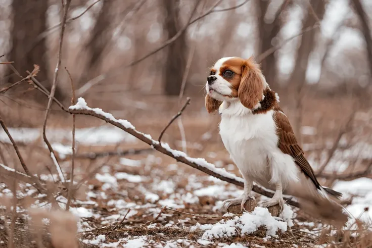 NOBLEDOGS_CKCS <lora:NOBLE_DOGS_CKCS-000015:0.65> <lora:Macro_Trash_SD15:0.125>, cute slim hybrid of (a bird:1.2) and brown-white cavalier king charles spaniel dog with a realistic long coat and perfect dark dog eyes is standing on snow covered ground next...