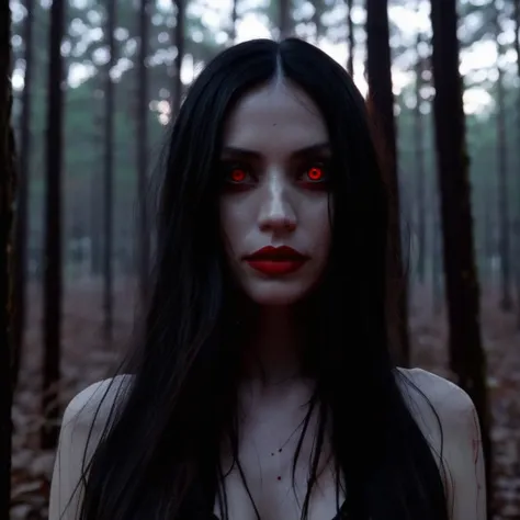 found fottage at night, found footage photo of a pale vampire woman with black hair and slightly glowing red eyes with long stra...