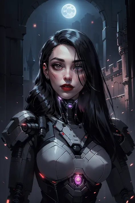 portrait of vampire queen standing in dark, black hair, no pupils, no sclera, red lips, fangs, castle indoors, moonlight, particles, night, dark scene, <lora:sxz-cacac-x:0.8> mechanical parts, cyborg, cyberpunk exoskeleton