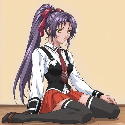 <lora:NamiKozonoXLpony001>,
solo,
NamiKozono,1girl,purple hair,high ponytail,hair_ribbon,yellow eyes,
school uniform,white shirt,strap,vest,red tie,
red skirt,
thighhighs,
full body,sitting,