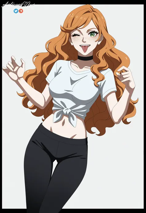 score_9, score_8_up, score_7_up, score_6_up, score_5_up, score_4_up,
BREAK
1girl, orange hair, wink, tongue out, green eyes, long hair, wavy hair, freckles, swept bangs,
BREAK
solo, medium breasts, white t-shirt, tied shirt, black yoga pants, black choker,...