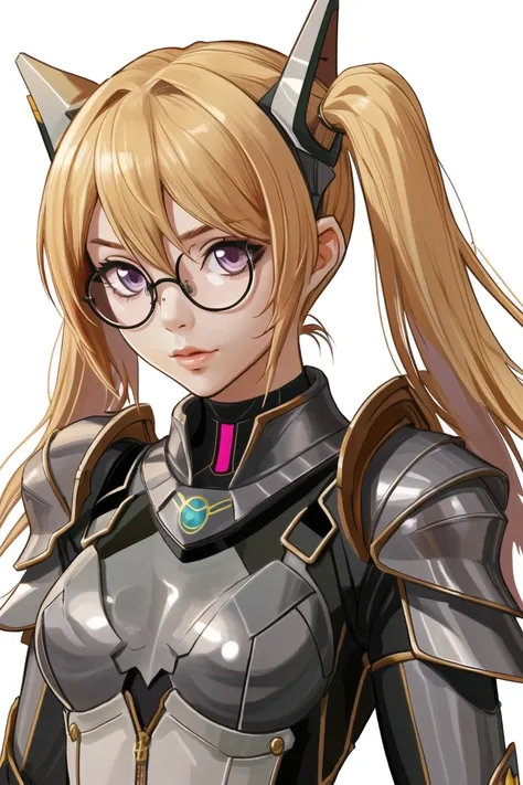 portrait,upper_body,thighhighs,low twintailsglasses,armor,bodysuit,headgear,leotard,