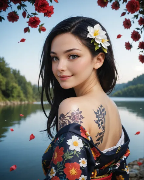 Japanese teenage girl, floral kimono, exposed shoulders, from behind, beautiful face, thick eyelashes, glossy eyes, black hair, cute smile, dark eyeshadow, shoulders tattoos, back tattoos, floral decoration in hair, falling petals, beautifully backlit, wid...