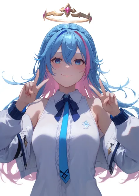 score_9,score_8_up,score_7_up,score_6_up,masterpiece,best quality,ultra-detailed,very aesthetic,absurdres,
1girl,solo,halo,blue eyes,blue hair,long hair,looking at viewer,v,smile,pink hair,upper body,wings,white background,jacket,shirt,multicolored hair,of...