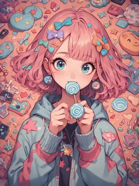 anime girl with lollipops and candy in her mouth