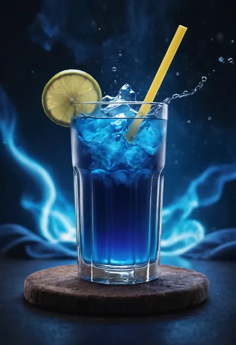 vibrant glowing blue drink, in the style of a product hero shot in motion, dynamic magazine ad image, photorealism, sleep and mystical elements around the background