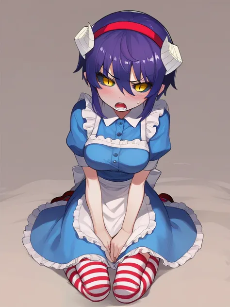 <lora:Amona-PonyXL-1024px-Resized:1>
score_7_up, score_8_up, score_9_up, 
1girl, solo, amona, wearing (blue dress, white apron, frills, red hairband, striped socks, mary janes), white horns, purple hair, medium hair, slit pupils, black sclera, yellow eyes,...