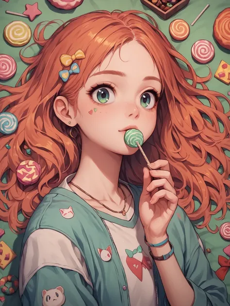 anime girl with lollipop in her mouth surrounded by candy