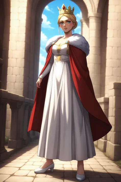 score_9, score_8_up, score_7_up, BREAK source_anime, <lora:historia reiss-PonyXL-lora-Faxtron:0.8> historia reiss, hair bun, medium breasts, long white dress, red cape, fur trim, crown, white shoes,