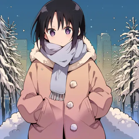 score_9, score_8_up, score_7_up, score_6_up, score_5_up, score_4_up, source_anime, 1girl, woman, medium hair, black hair, purple eyes, winter coat, scarf, upper body, snow, outdoors, (cool-kyou shinja), masterpiece, highres, <lora:CoolKyouPony:0.85>