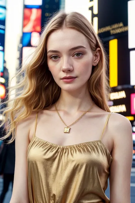 European woman, closeup, (shirt), pants, (times square), gold necklace , ZM_isa, wide shoulders, perfect face, (contact iris: 1.1), pale skin, skin pores , depth of field