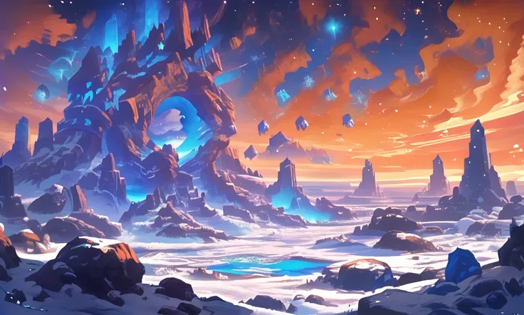 orange sky, solo, snow, rocky spires, horizon, starry sky, subterranean, holding a staff, rock formation, blue glow from depths, chair, city in the sky, rocks  <lora:Space_Operetta_Neo_-_Pony_Edition-000007:1>