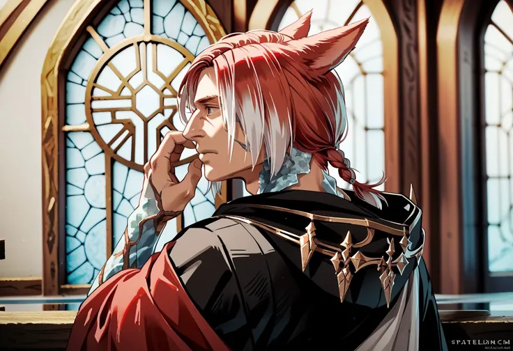 crystalexarchdskffxiv, 1boy, male focus, animal ears, solo, miqote, red hair, cat ears, multicolored hair, hood down, short hair, hood, upper body, hooded robe, crystal, from behind, black robe, braid,  white hair, two-tone hair, hand up, stained glass, po...