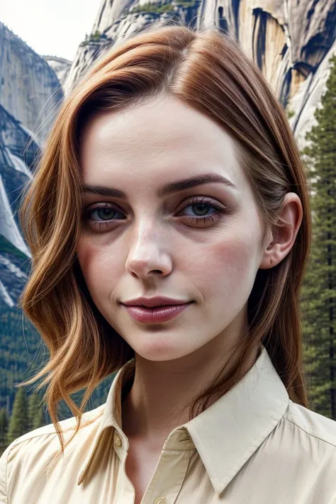 European woman, closeup, (shirt), pants, (yosemite), (), ZM_lydia, wide shoulders, perfect face, (contact iris: 1.1), pale skin, skin pores , depth of field