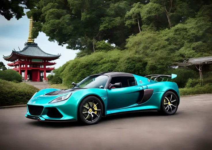 Lotus Exige,photo of blue sports car,drawing attention as a unique and eye-catching vehicle at a,This image features a very tall red building with three stories,standing in a lush green forest. The building appears to be a pagoda,which is a traditional Asi...