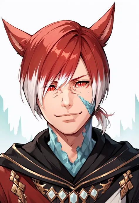 crystalexarchdskffxiv, animal ears, miqote, solo, 1boy, red eyes, cat ears, male focus, multicolored hair, portrait, short hair, looking at viewer, hair over one eye, two-tone hair, cat boy, bangs, slit pupils, red hair, facial mark, white hair, smile, sho...